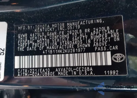 2019 Toyota Camry Se из США, поврежденный, VIN 4T1B11HK2KU261977